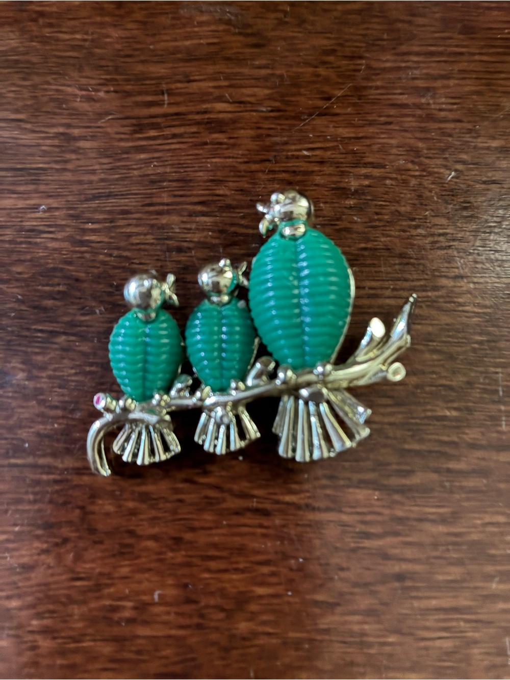 Vintage Triple Bird Brooch with Teal Cabochons & Silver-Toned Branch
